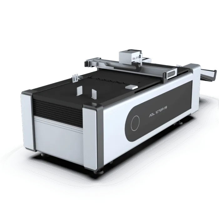 Angled view of the AOL 1070PAS digital cutting plotter with flat cutting bed