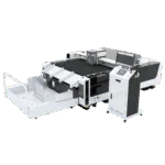 Angled view of the AOL 1612PLUS cutting plotter with extended media support frame