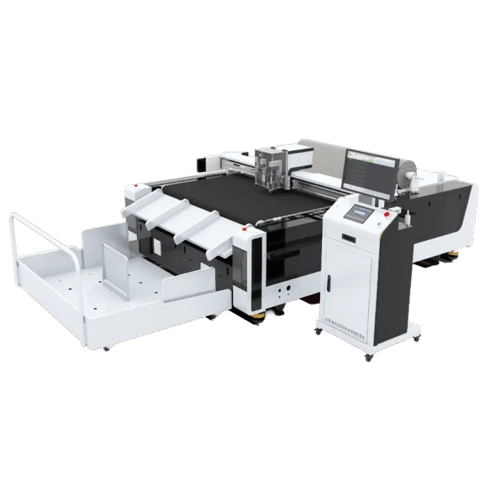 Angled view of the AOL 1612PLUS cutting plotter with extended media support frame