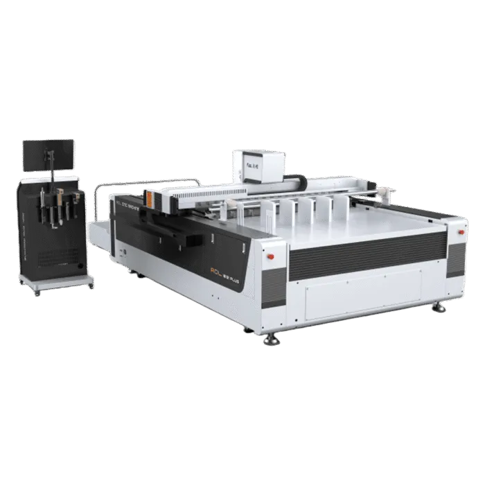 AOL 1612PLUS cutting plotter with separate control console beside the cutting bed