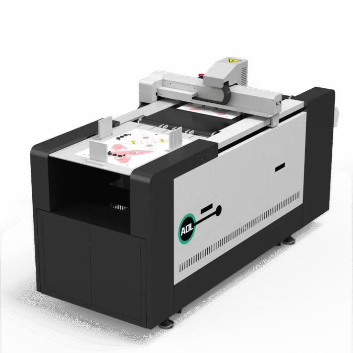 Side angle of the AOL 6040PAS cutting plotter showing its white housing panel
