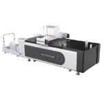 Angled view of the AOL 1070PLUS digital cutting plotter and cutting bed