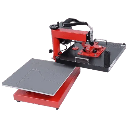 Red and black DCH combo heat press with rectangular pressing plate